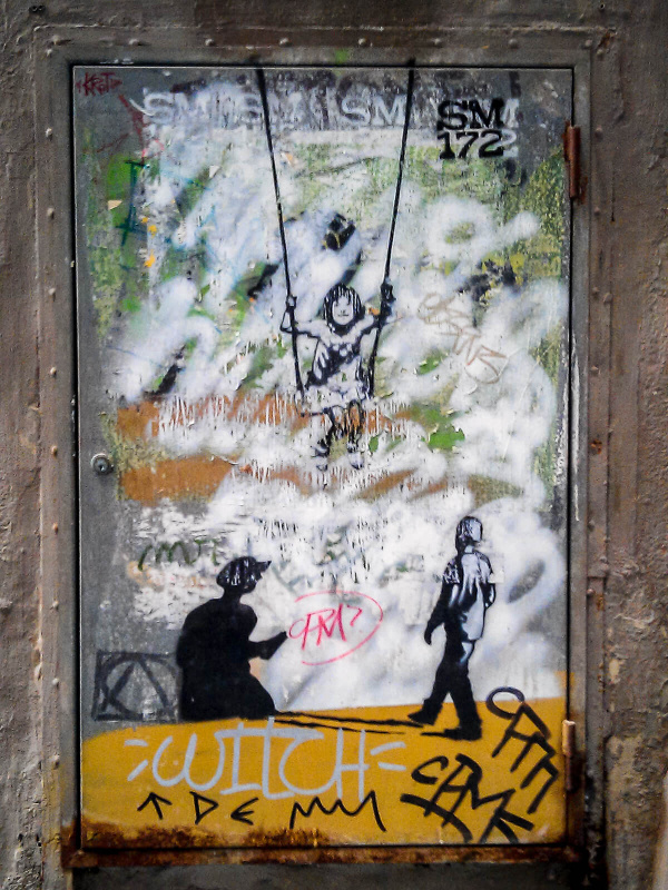 Barcelona, SM 172, girl on swing, street art stencil