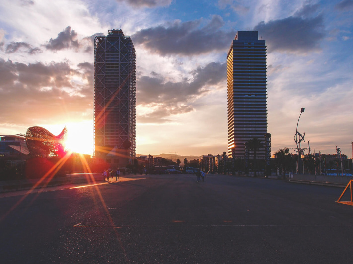 Barcelona, marina village towers sunset