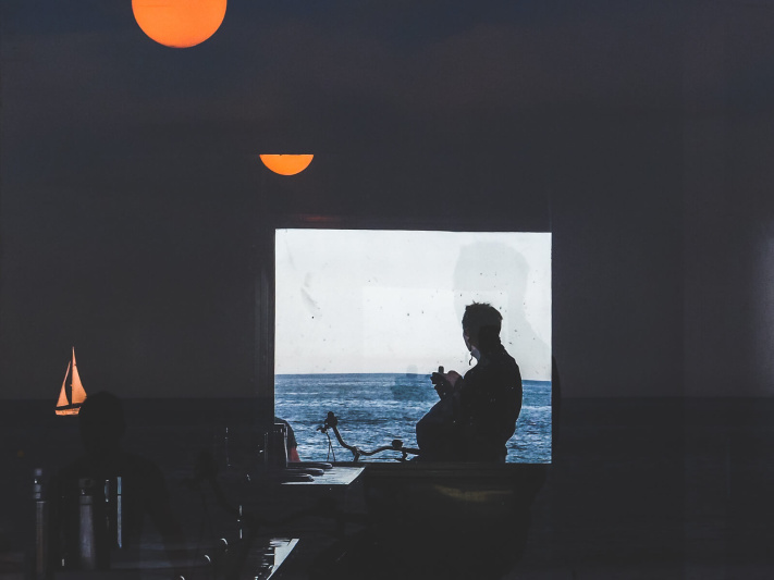 Barcelona, mirror reflextion, sunset sea, window frame