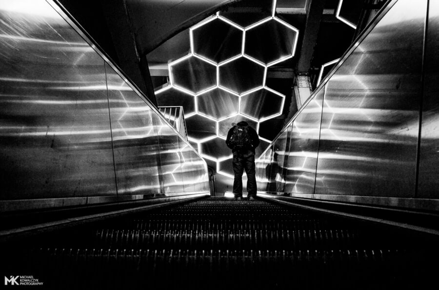 Subway Escalator Neon Light Art, NYC, 2016