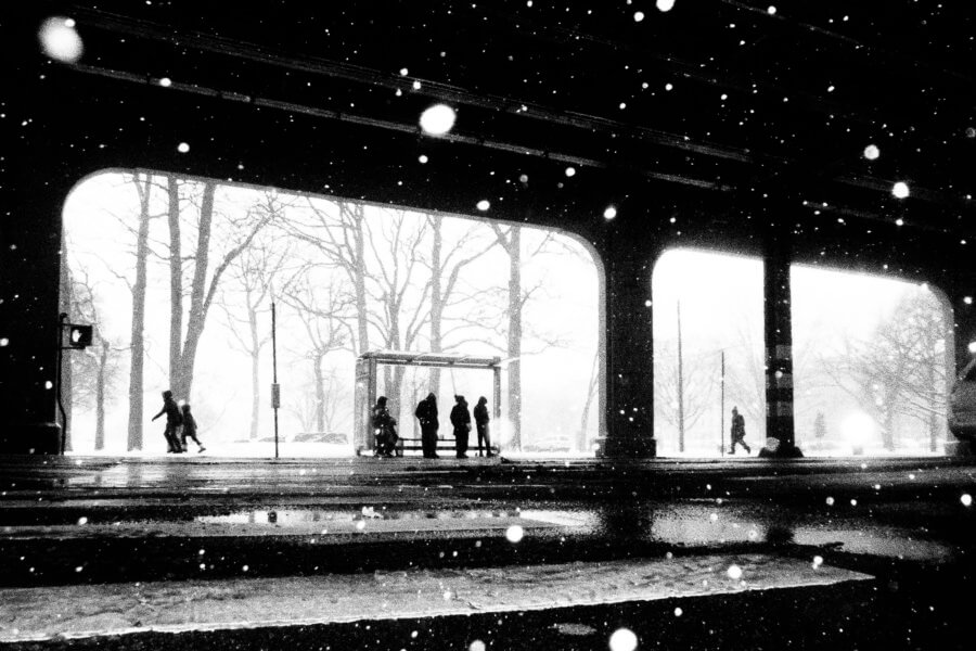 Black and White Street Photography during a Snowshower in New York City