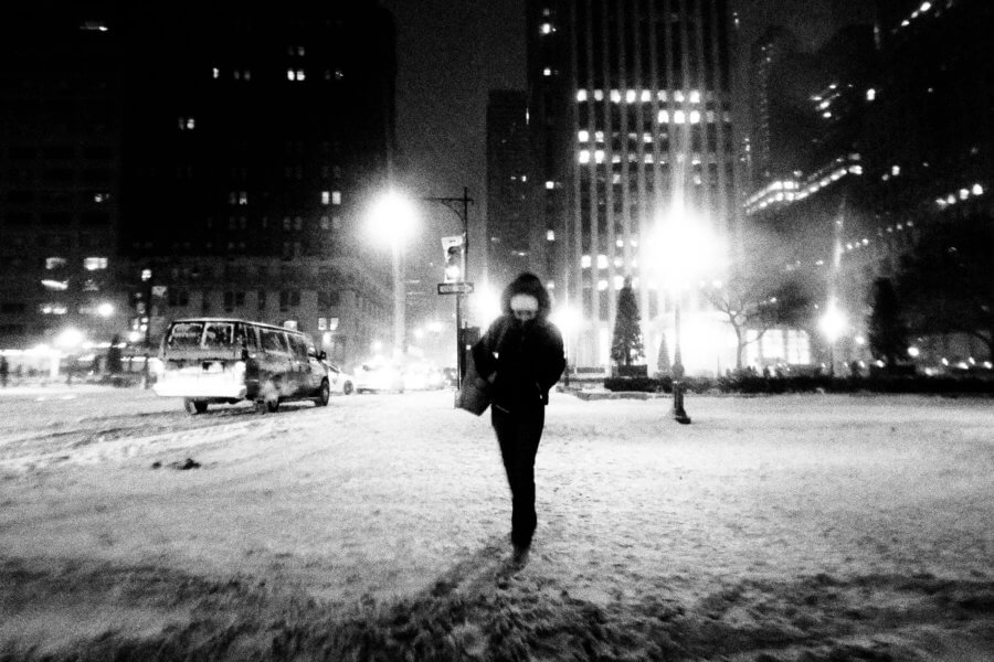 Black and White Street Photography during a Snowshower in New York City