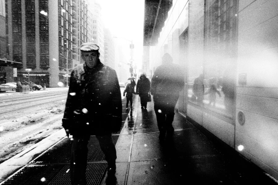 Black and White Street Photography during a Snowshower in New York City