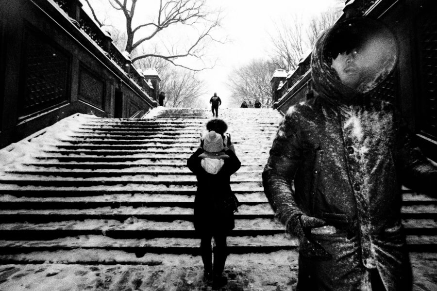 Black and White Street Photography during a Snowshower in New York City