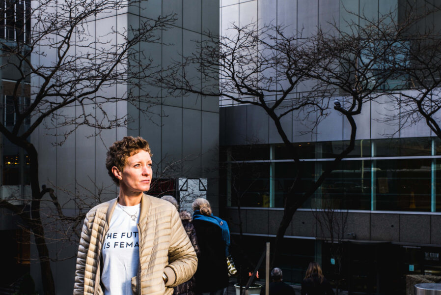 Woman wearing The Future is Female shirt during Woman´s March on New York City, January 21st. 2017