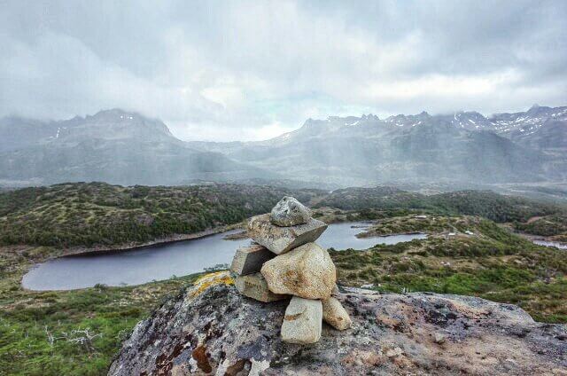 Dientes de Navarino Trekking Stone Marker Rain Wall Panorama View