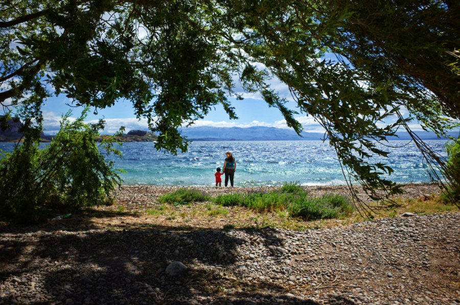 Chile Chico Mother and Child standing by the Lake shore