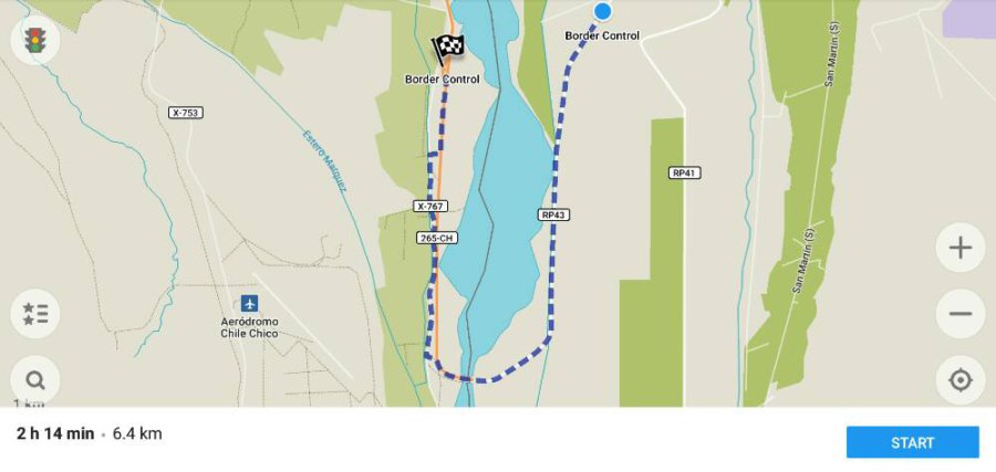 Walking distance between Los Antiguos and Chile Chico border stations